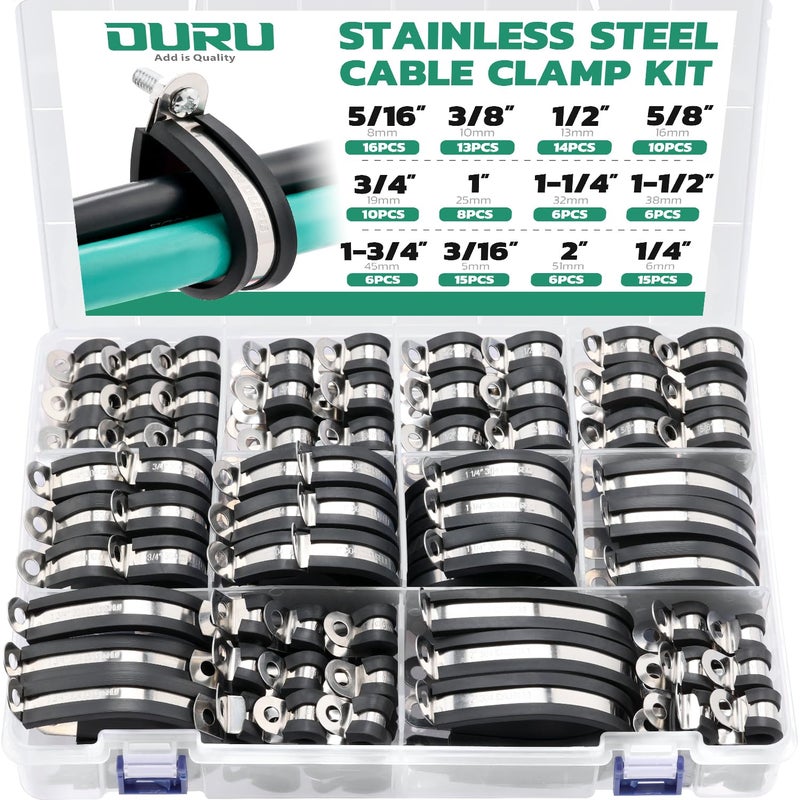 OURU 125PCS Cable Clamp 12 Sizes Stainless Steel Rubber Coated Cushioned Insulated Cable Clamps Assortment Kit-Metal Wire Clamps Cable Clips Pipe Clamps - Image 1